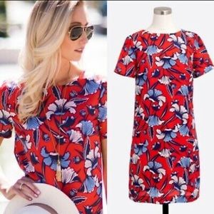 J CREW Red Blue Floral Short Sleeve Shift Spring Multicolor Dress